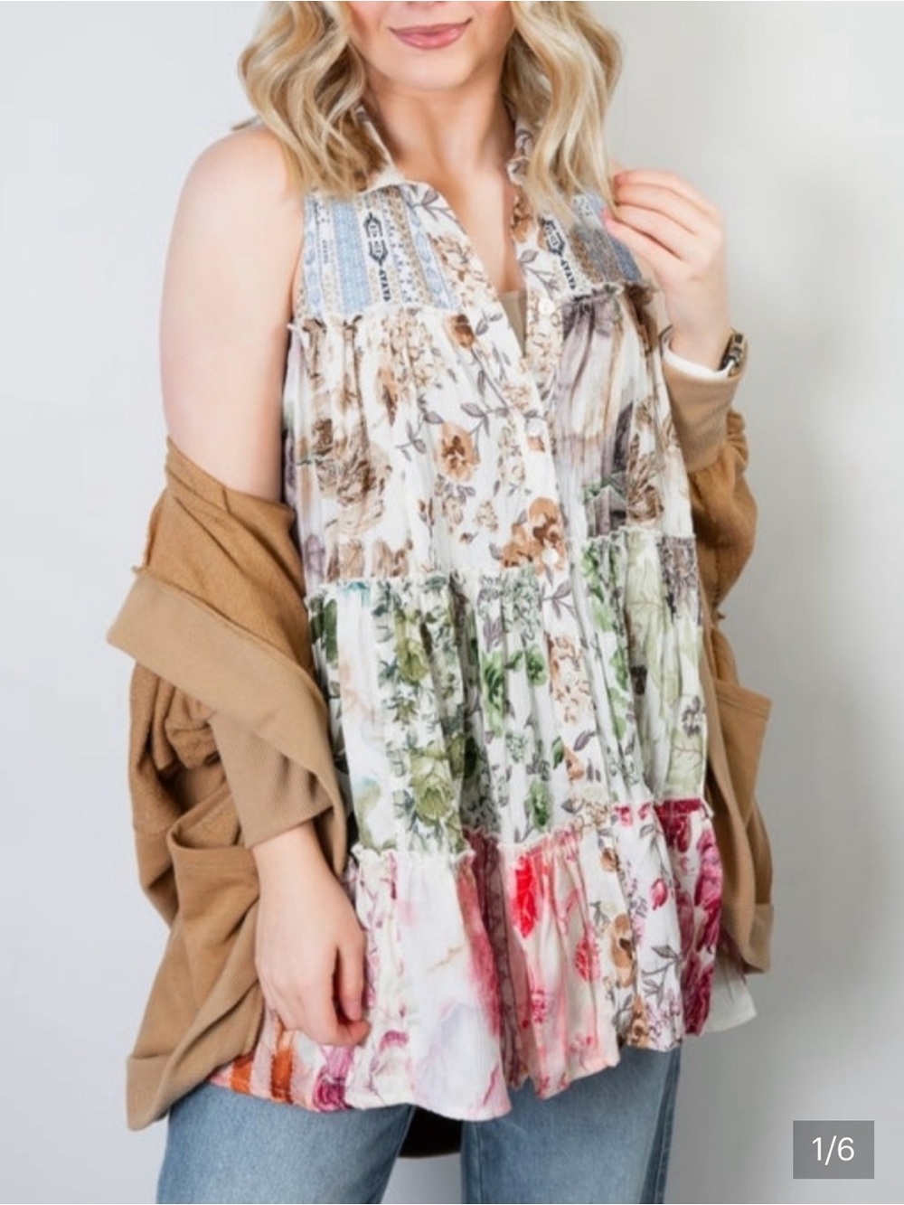 Young Threads Sleeveless Tiered Floral Button-Front Tunic